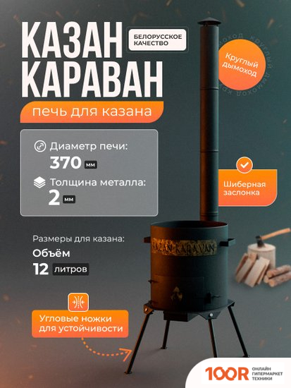 Kazan Karavan ПРЕМИУМ С ЗОЛЬНИКОМ И ДЫМОХОДОМ 370ММ 10-12 Л 2 ММ (362266)