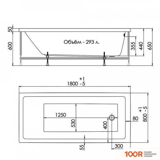 Ванна 1AcReal PALERMO 180X80 (С НОЖКАМИ) (333647)