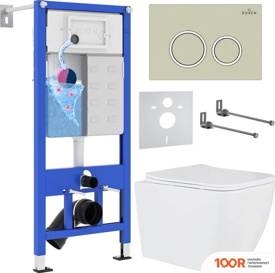 Унитаз Roxen CUBE В КОМПЛЕКТЕ С ИНСТАЛЛЯЦИЕЙ STOUNFIX DUAL FRESH 6 В 1 966212 (КНОПКА: БЕЖЕВЫЙ) (301516)