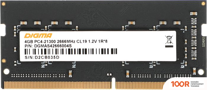Оперативная память Digma 4ГБ DDR4 SODIMM 2666 МГЦ DGMAS42666004S (219575)