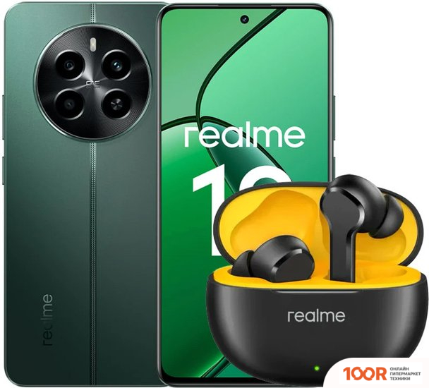 Мобильный телефон Realme 12 RMX3871 8GB/256GB МЕЖДУНАРОДНАЯ ВЕРСИЯ (ЗЕЛЕНЫЙ МАЛАХИТ) И НАУШНИКИ REALME BUDS T110 (ЧЕРНЫЙ) (158172)