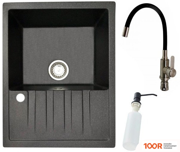 Кухонная мойка БелЭворс VEGA R + СМЕСИТЕЛЬ W74004-2 + ДОЗАТОР L405F (ЧЕРНЫЙ) (141068)