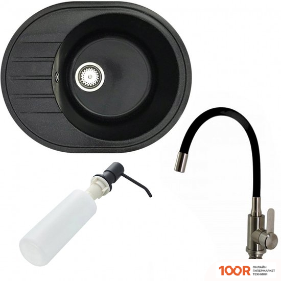 Кухонная мойка БелЭворс NEW LUX R + СМЕСИТЕЛЬ W74004-2 + ДОЗАТОР L405F (ЧЕРНЫЙ) (140858)