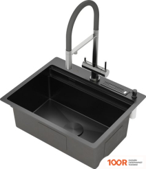 Кухонная мойка Roxen STAGE 560250-60B PVD ГРАФИТ (C ДЕРЖАТЕЛЕМ ДЛЯ НОЖЕЙ, ДВУМЯ КОЛАНДЕРАМИ, РАЗДЕЛОЧНОЙ ДОСКОЙ И ДОЗАТОРОМ) (137584)