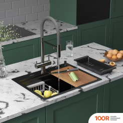 Кухонная мойка Roxen STAGE 560250-60B PVD ГРАФИТ (C ДЕРЖАТЕЛЕМ ДЛЯ НОЖЕЙ, ДВУМЯ КОЛАНДЕРАМИ, РАЗДЕЛОЧНОЙ ДОСКОЙ И ДОЗАТОРОМ) (137584)