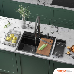 Кухонная мойка Roxen STAGE 560250-60B PVD ГРАФИТ (C ДЕРЖАТЕЛЕМ ДЛЯ НОЖЕЙ, ДВУМЯ КОЛАНДЕРАМИ, РАЗДЕЛОЧНОЙ ДОСКОЙ И ДОЗАТОРОМ) (137584)
