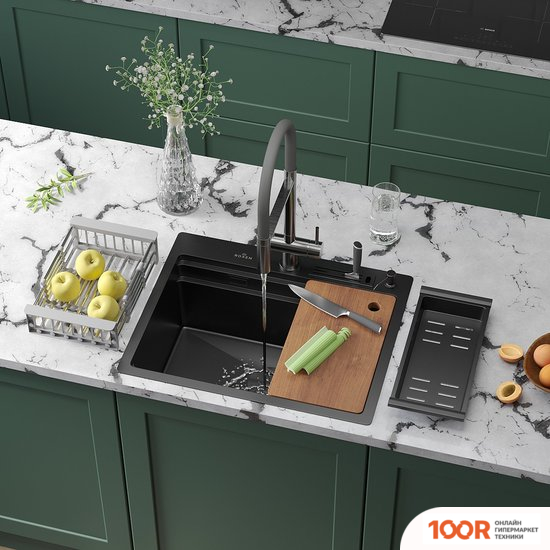 Кухонная мойка Roxen STAGE 560250-60B PVD ГРАФИТ (C ДЕРЖАТЕЛЕМ ДЛЯ НОЖЕЙ, ДВУМЯ КОЛАНДЕРАМИ, РАЗДЕЛОЧНОЙ ДОСКОЙ И ДОЗАТОРОМ) (137584)