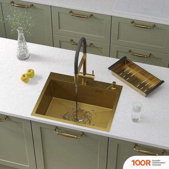 Кухонная мойка Roxen SNAKE 560220-60-GS PVD GOLD ЗОЛОТАЯ/ТЕКСТУРНАЯ (С КОЛАНДЕРОМ И ДОЗАТОРОМ) (137581)