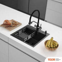 Кухонная мойка ARFEKA ECO AR МОЙКА 500*500, КОЛАНДЕР, ДОЗАТОР BLACK DECOR (130220)