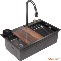 Кухонная мойка AKS Н/СТАЛЬ, ПРЯМОУГОЛЬНАЯ ОДНОЧАШЕВАЯ СО СМЕСИТЕЛЕМ, 750*460ММ, ГРАФИТ, ВРЕЗНАЯ НА/ВРОВЕНЬ СТОЛЕШНИЦЕ, (3,2ММ) (129352)