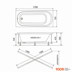 Ванна Triton ДИНА 170Х75 (С НОЖКАМИ, СИФОНОМ И 2 ЭКРАНА) (20763)