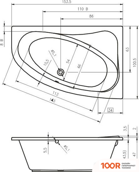 Ванна Riho LYRA 153X100R BA6700500000000 (БЕЗ НОЖЕК) (20274)