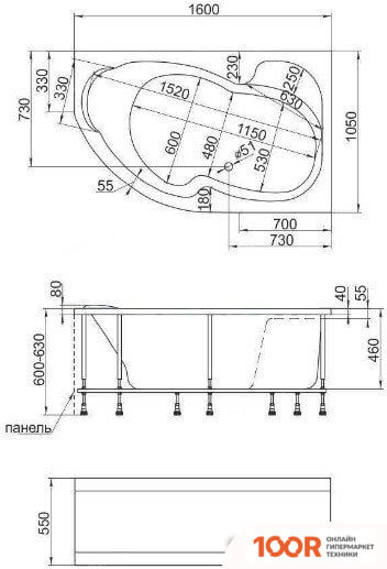 Ванна 1Марка AURA 160X105 R (С КАРКАСОМ И ЭКРАНОМ) (18153)