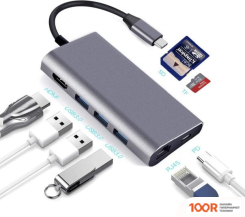 Хаб / Док-станция USBTOP USB3.0 TYPE-C - 3XUSB3.0/TYPE-C/HDMI/TF/SD/RJ45 (8407)