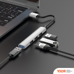 Хаб / Док-станция Hoco HB26 (СЕРЕБРИСТЫЙ) (8064)